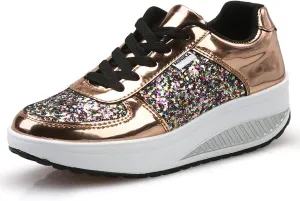 pearlzone Women's Fashion Casual Breathable Crystal Bling Lace Up Sport Shoes,Sparkly Sequin Lightweight Non Slip Comfort Sneakers