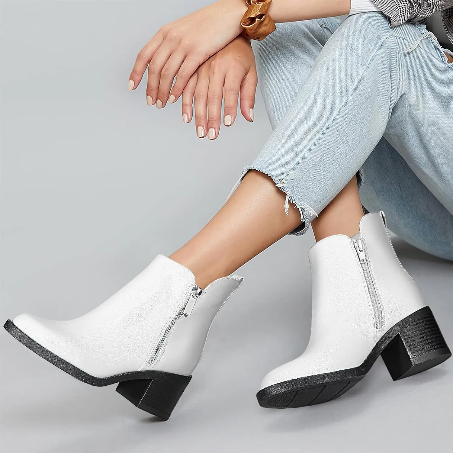 PIZZ ANNU Women's Fashion Ankle Boots Round Toe Low Chunky Block Heel Non-Slip Comfortable Short Boots Side Zipper Booties Shoes