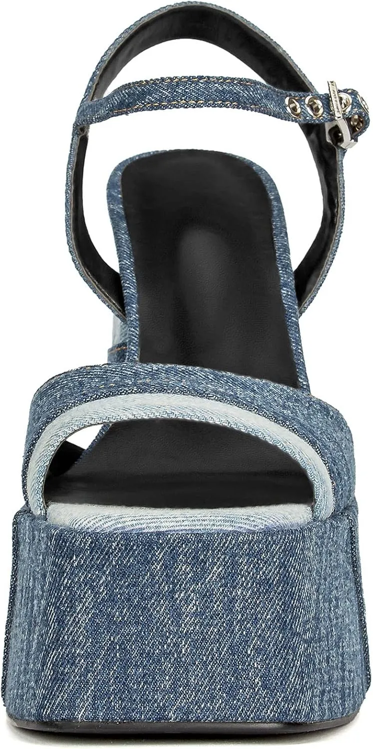 Platform Heels for Women Denim Chunky High Heel Sandals Peep Open Toe Ankle Buckle Strap Backless Heeled Sandals Casual Comfort Dress Sandals Shoes