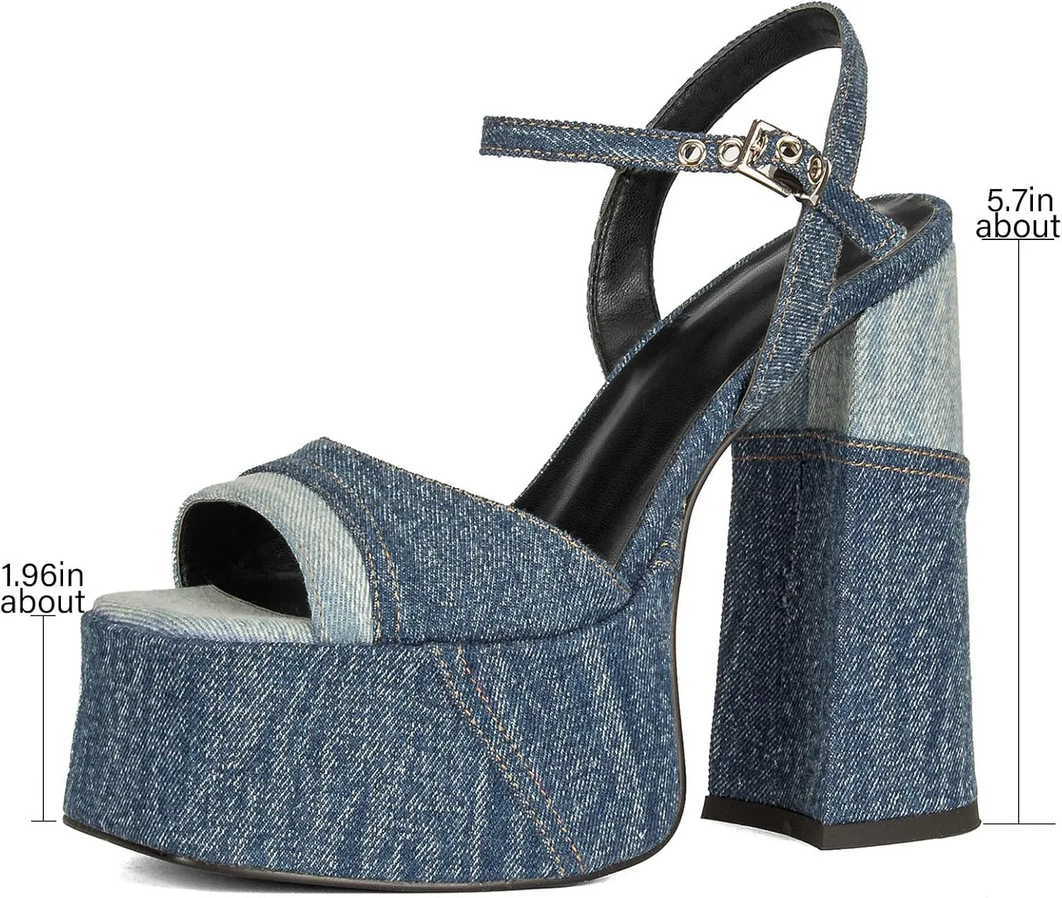 Platform Heels for Women Denim Chunky High Heel Sandals Peep Open Toe Ankle Buckle Strap Backless Heeled Sandals Casual Comfort Dress Sandals Shoes