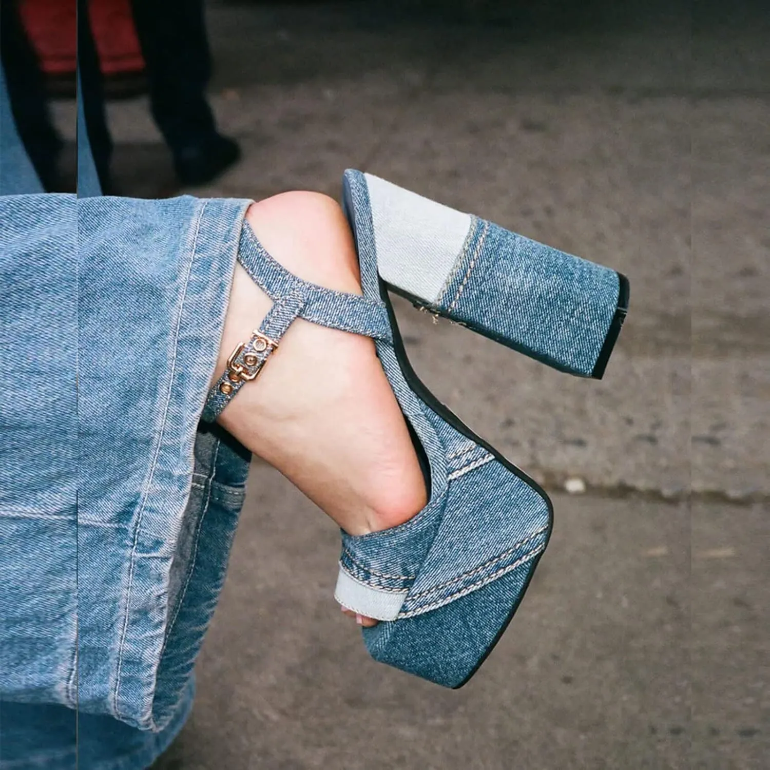 Platform Heels for Women Denim Chunky High Heel Sandals Peep Open Toe Ankle Buckle Strap Backless Heeled Sandals Casual Comfort Dress Sandals Shoes