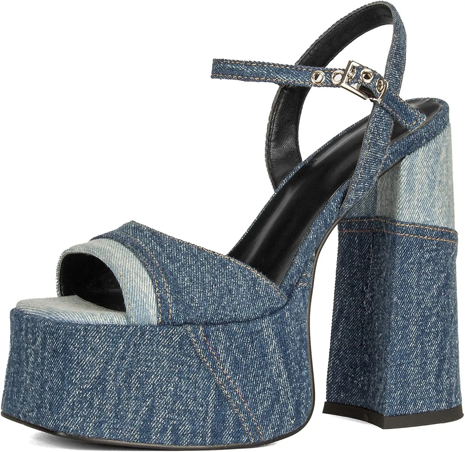Platform Heels for Women Denim Chunky High Heel Sandals Peep Open Toe Ankle Buckle Strap Backless Heeled Sandals Casual Comfort Dress Sandals Shoes