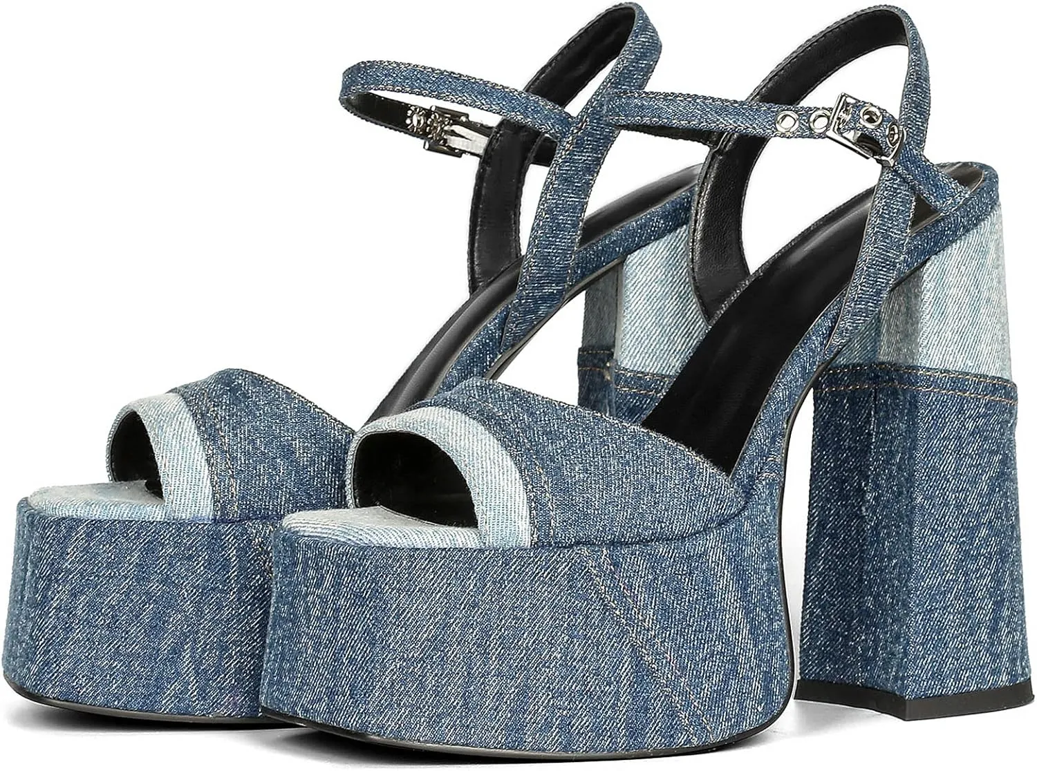 Platform Heels for Women Denim Chunky High Heel Sandals Peep Open Toe Ankle Buckle Strap Backless Heeled Sandals Casual Comfort Dress Sandals Shoes