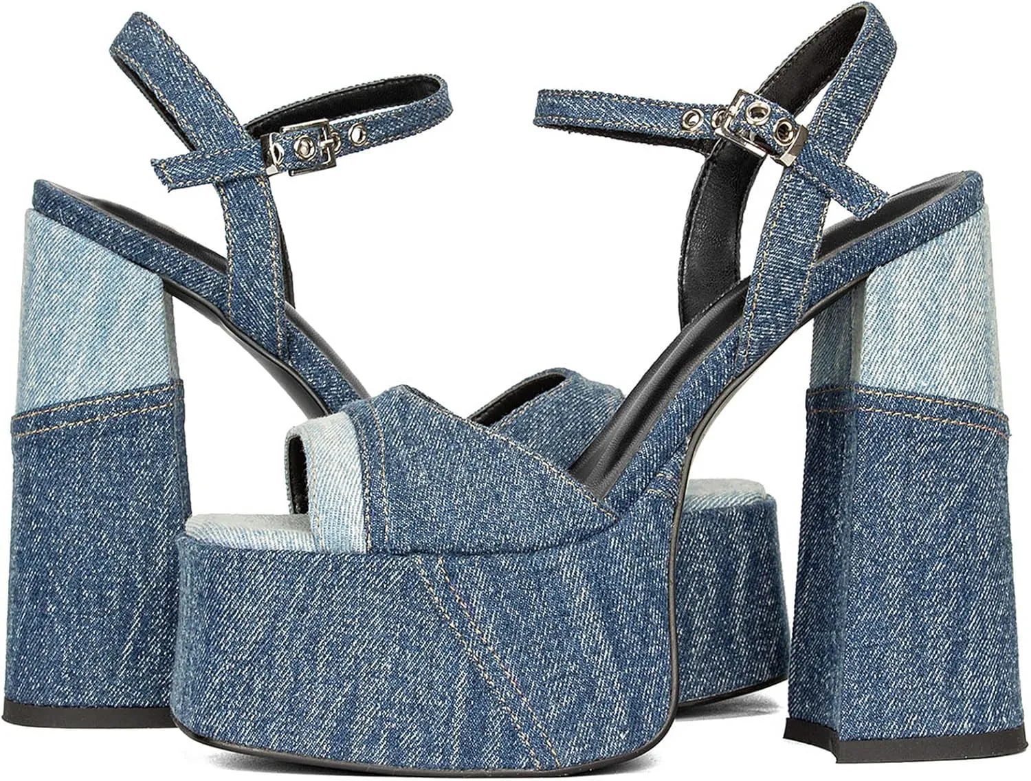 Platform Heels for Women Denim Chunky High Heel Sandals Peep Open Toe Ankle Buckle Strap Backless Heeled Sandals Casual Comfort Dress Sandals Shoes