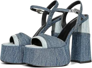 Platform Heels for Women Denim Chunky High Heel Sandals Peep Open Toe Ankle Buckle Strap Backless Heeled Sandals Casual Comfort Dress Sandals Shoes