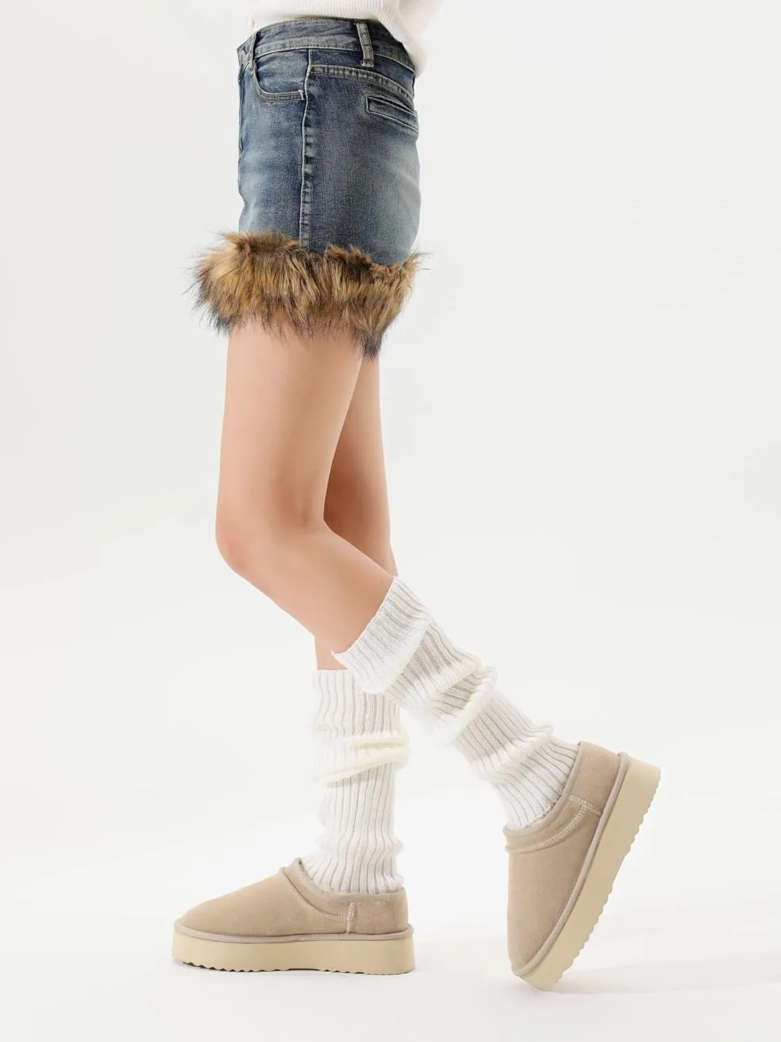Platform Slippers for Women Genuine Suede Ankle Snow Boots Indoor Outdoor Winter Fur Slip On Mules