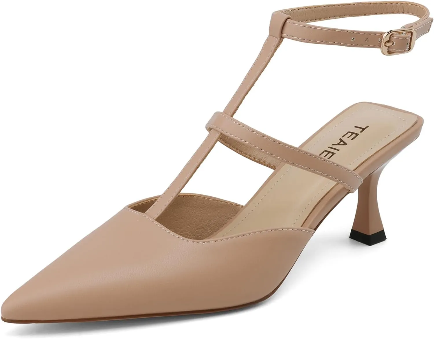Pointed Toe Kitten Heels for Women Dressy Pumps with Ankle Strap Mary Jane Pumps for Women Slingback Shoes T-Strap