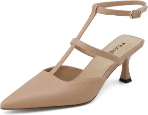 Pointed Toe Kitten Heels for Women Dressy Pumps with Ankle Strap Mary Jane Pumps for Women Slingback Shoes T-Strap