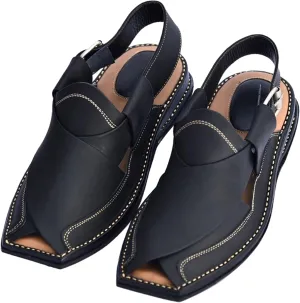 Premium Men's Black Genuine Cowhide Leather Sandals - Comfortable Double Sole Summer Footwear