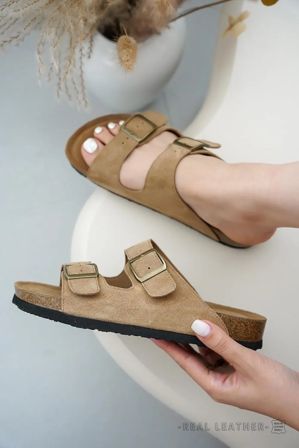 Project Cloud Genuine Leather Flat Sandals Women Beach Essentials Womens Sandals Memory Foam Vacation Essentials Slides for Women Footwear (Venita)