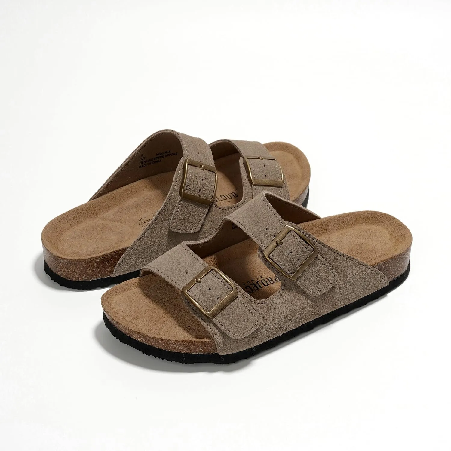 Project Cloud Genuine Leather Mens Sandals with Memory Foam Natural Cork Footbed Slides for Men Footwear - Non-Slip Double-Strap Buckle Summer Sandals (Arizona)