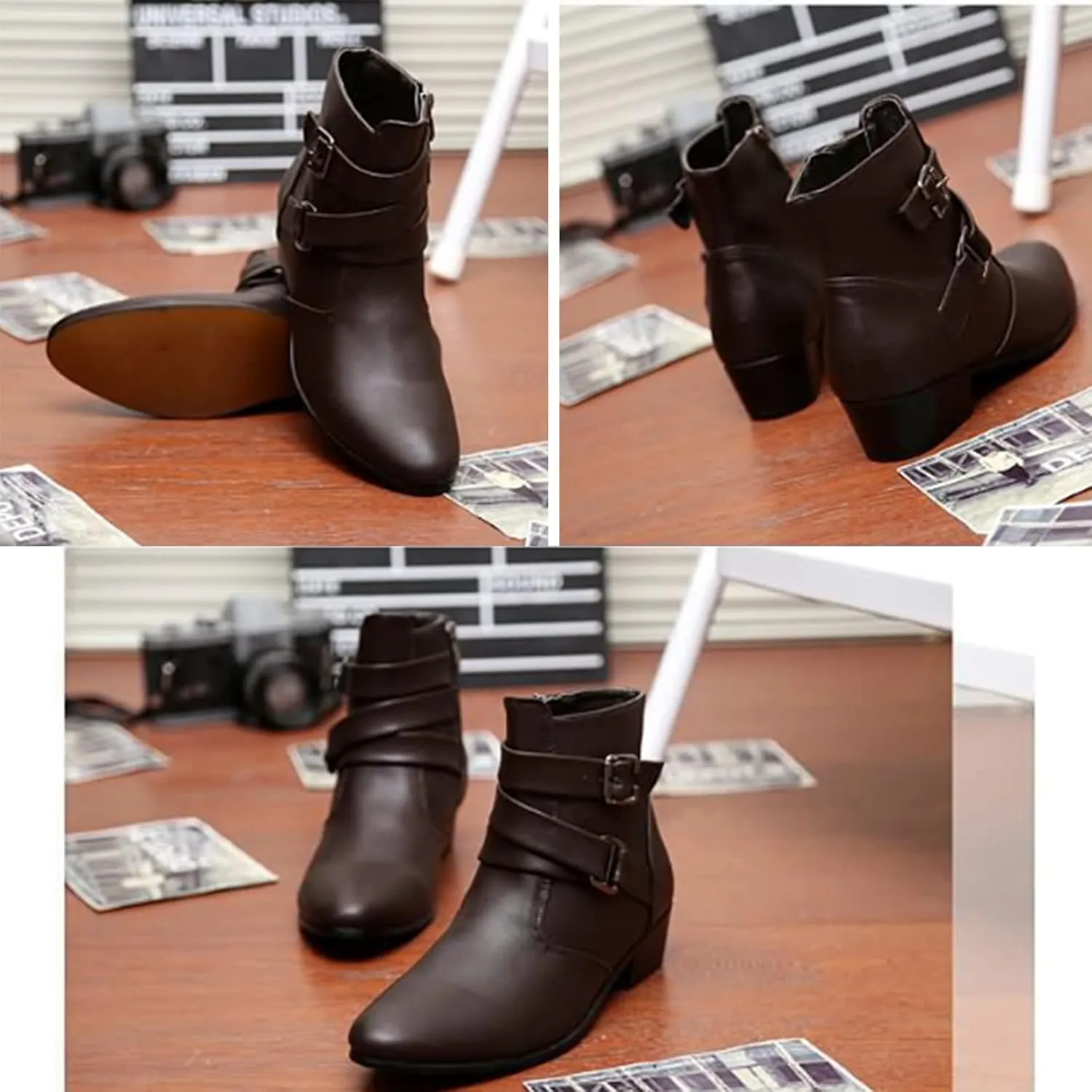 PURCHAWEE Men's Leather Pointed Toe Chelsea Boots,Buckle Straps Side Zipper Chunky Low Heel Western Formal Dress Boots Ankle Boots
