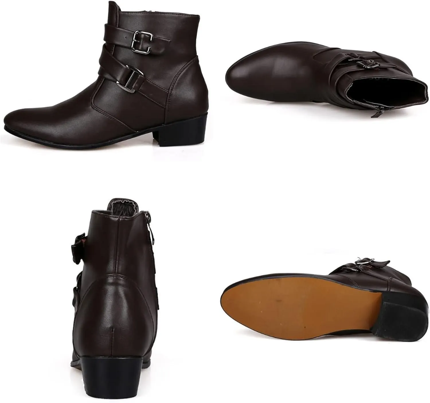 PURCHAWEE Men's Leather Pointed Toe Chelsea Boots,Buckle Straps Side Zipper Chunky Low Heel Western Formal Dress Boots Ankle Boots