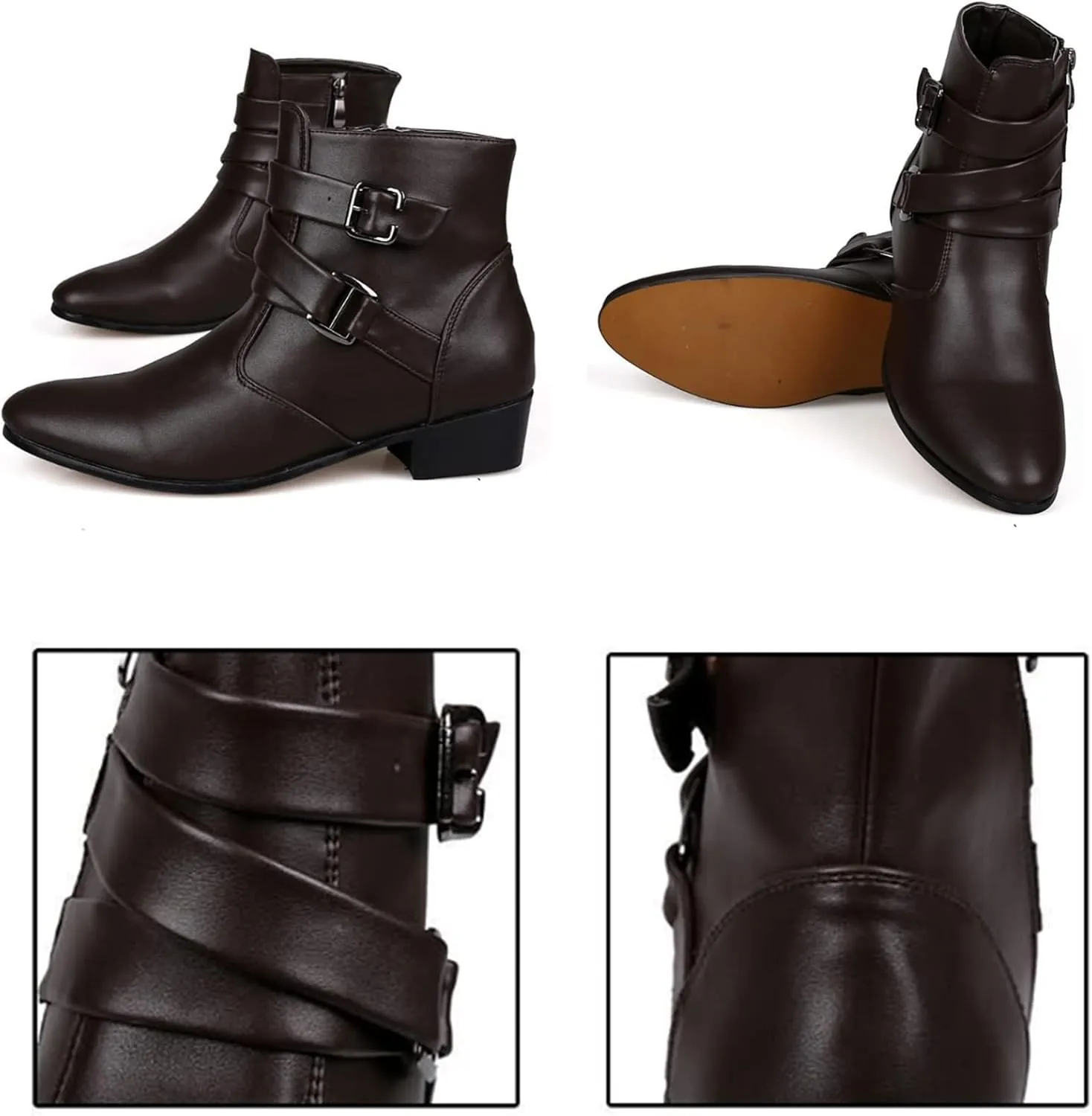 PURCHAWEE Men's Leather Pointed Toe Chelsea Boots,Buckle Straps Side Zipper Chunky Low Heel Western Formal Dress Boots Ankle Boots