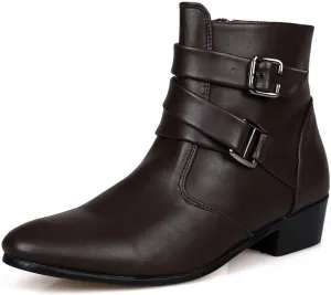 PURCHAWEE Men's Leather Pointed Toe Chelsea Boots,Buckle Straps Side Zipper Chunky Low Heel Western Formal Dress Boots Ankle Boots