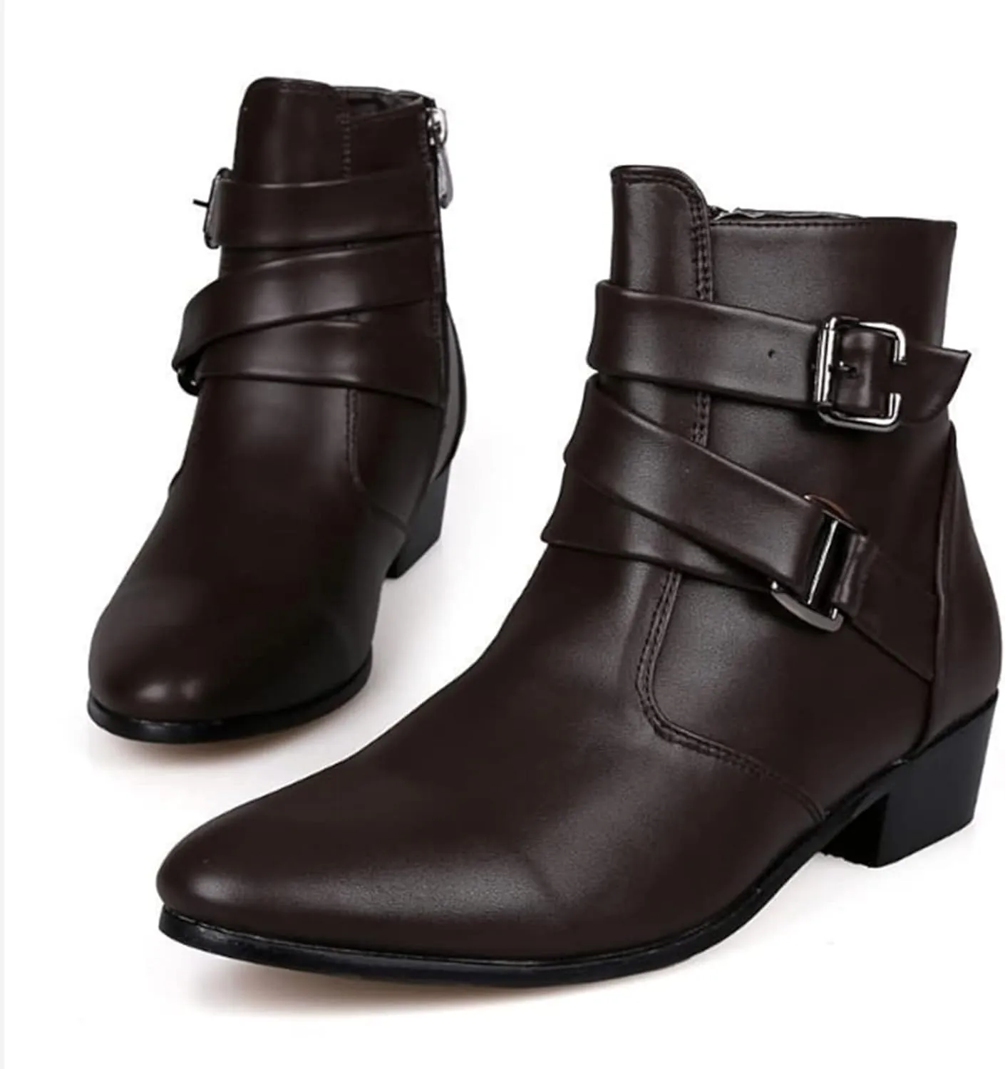 PURCHAWEE Men's Leather Pointed Toe Chelsea Boots,Buckle Straps Side Zipper Chunky Low Heel Western Formal Dress Boots Ankle Boots