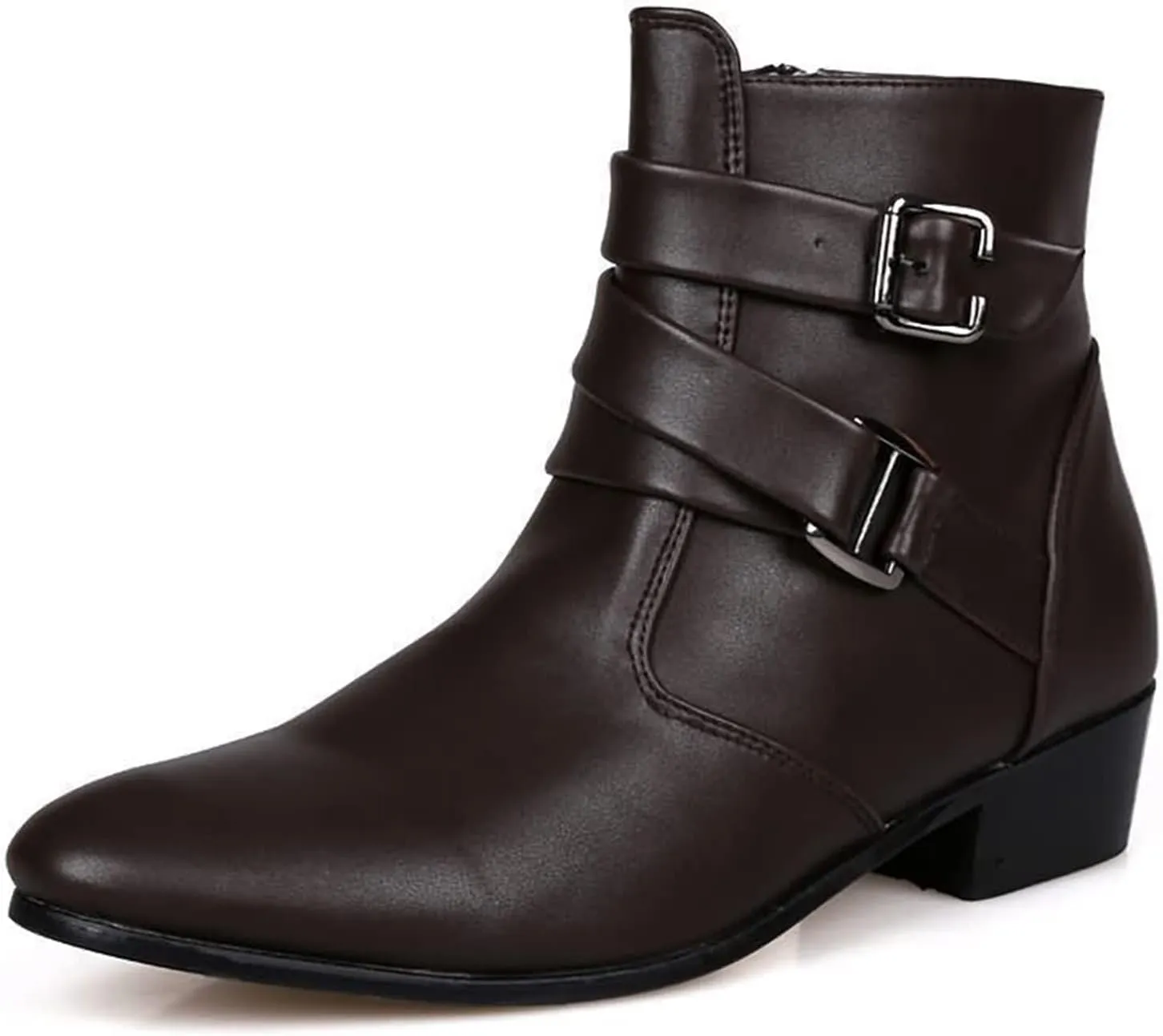 PURCHAWEE Men's Leather Pointed Toe Chelsea Boots,Buckle Straps Side Zipper Chunky Low Heel Western Formal Dress Boots Ankle Boots