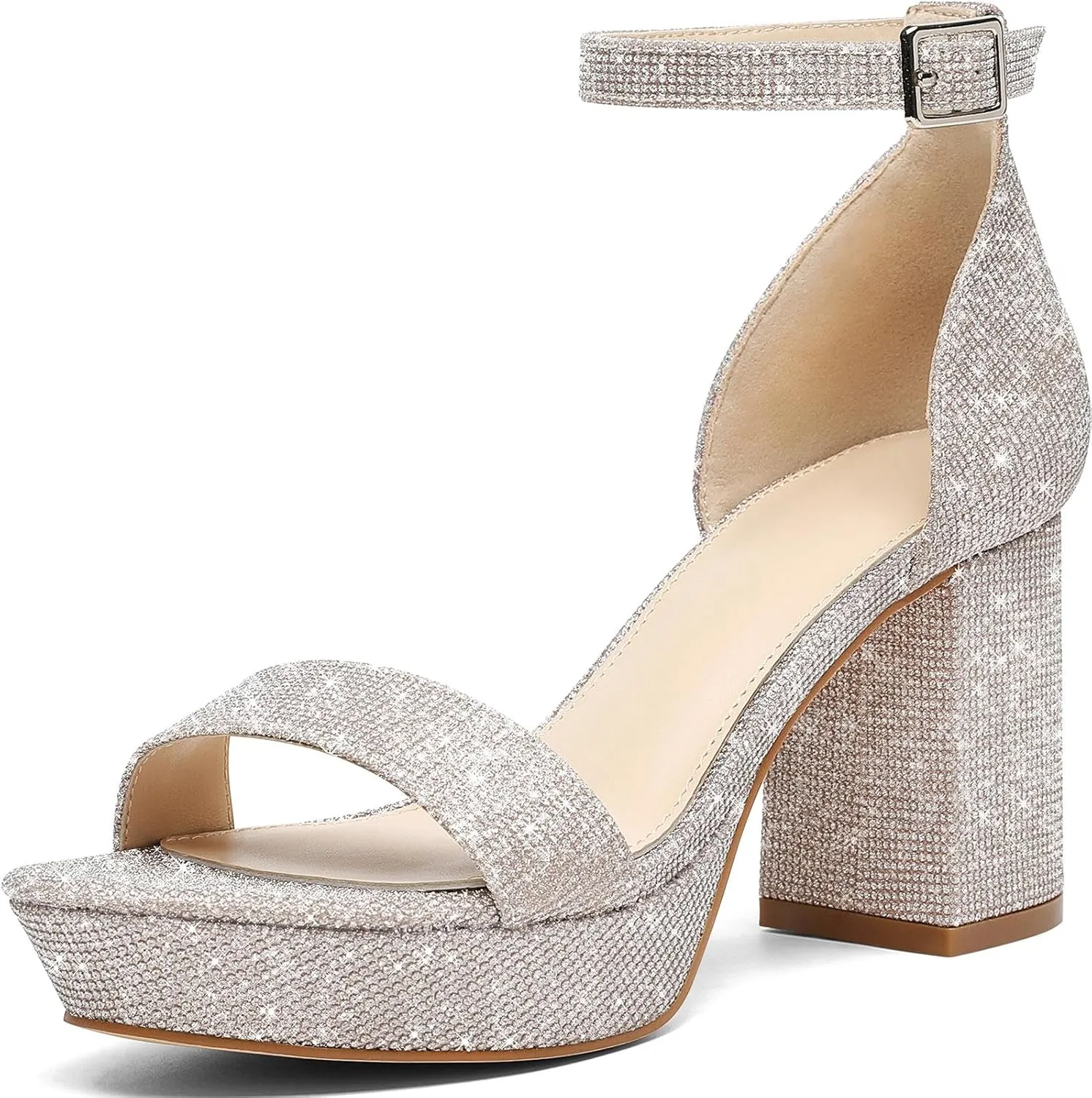 Putu Women's Rhinestone Heeled Sandals Glitter Chunky Heeled Sandals Open Toe Dressy Sandals for Wedding,Prom,Event