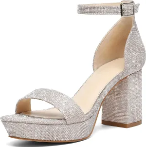 Putu Women's Rhinestone Heeled Sandals Glitter Chunky Heeled Sandals Open Toe Dressy Sandals for Wedding,Prom,Event