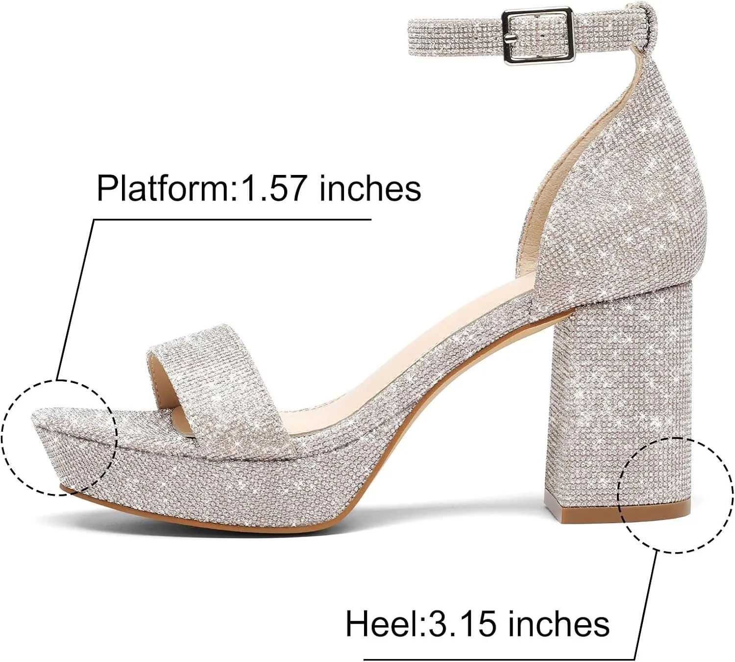 Putu Women's Rhinestone Heeled Sandals Glitter Chunky Heeled Sandals Open Toe Dressy Sandals for Wedding,Prom,Event