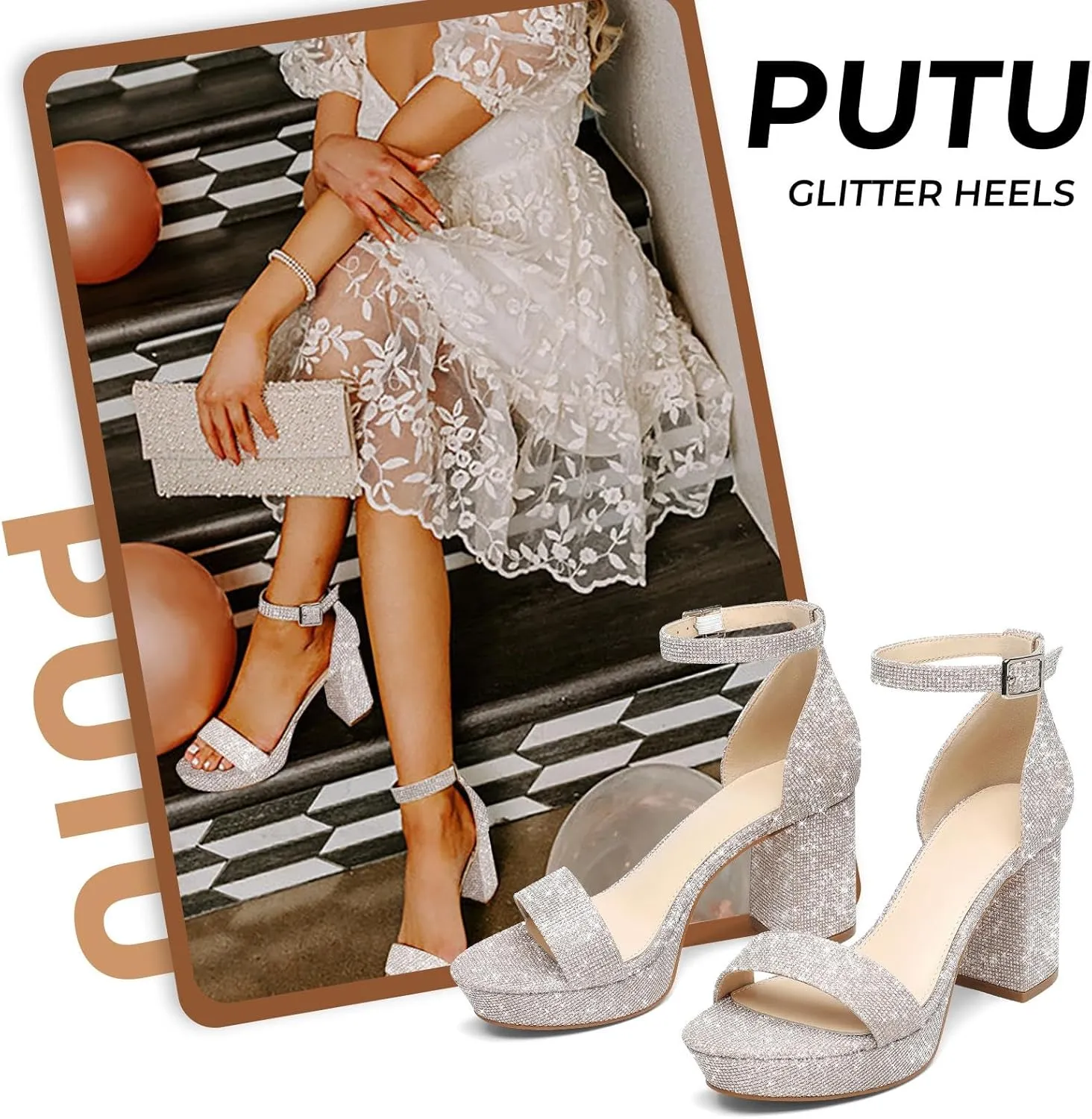 Putu Women's Rhinestone Heeled Sandals Glitter Chunky Heeled Sandals Open Toe Dressy Sandals for Wedding,Prom,Event