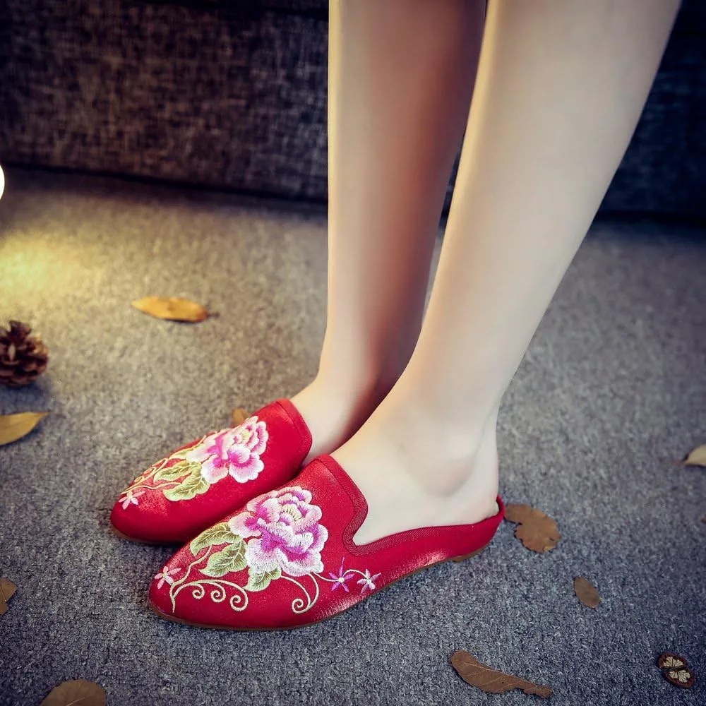 Qhome Women's Chinese Floral Peony Embroidery Pointed-Toe Comfortable Satin Casual Mules House Pumps Slippers Shoes