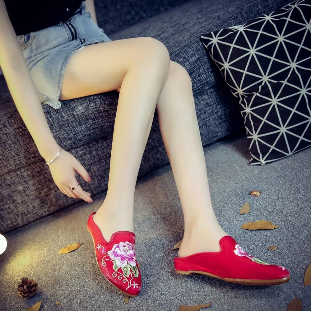 Qhome Women's Chinese Floral Peony Embroidery Pointed-Toe Comfortable Satin Casual Mules House Pumps Slippers Shoes