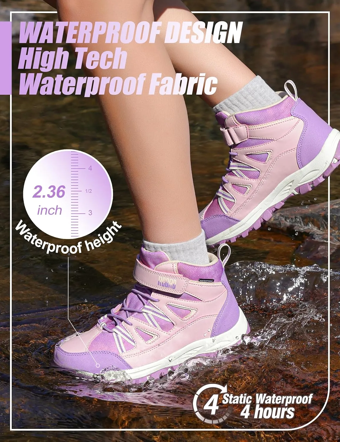 R CORD Girls Hiking Boots Waterproof Durable Kids Hiking Boots TPR Traction Hook&Loop Closure Girls Hiking Boots Anti-Skid Athletic Outdoor Boots