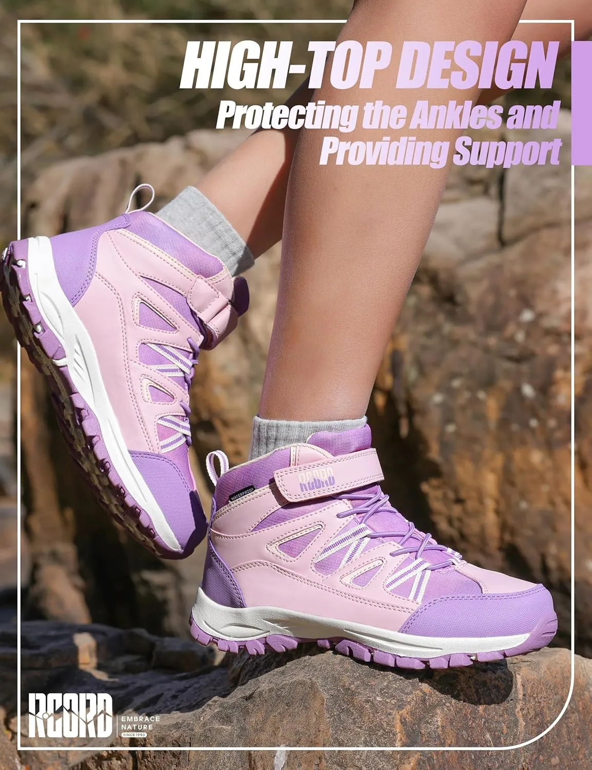 R CORD Girls Hiking Boots Waterproof Durable Kids Hiking Boots TPR Traction Hook&Loop Closure Girls Hiking Boots Anti-Skid Athletic Outdoor Boots
