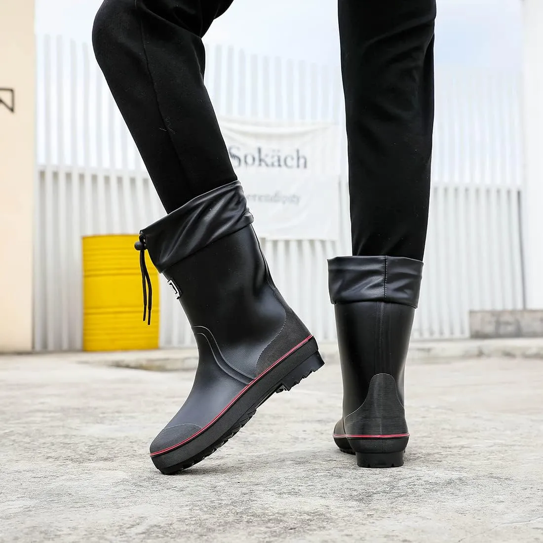 Rain Boots for Men, Waterproof Warm Rubber Boots Mens Garden Boots, Comfort Mid-Calf Lightweight Adjustable Raining Shoes, Elastic Chelsea Ankle Rain Boots Fishing Shoes for Yard Farm Outdoor Work