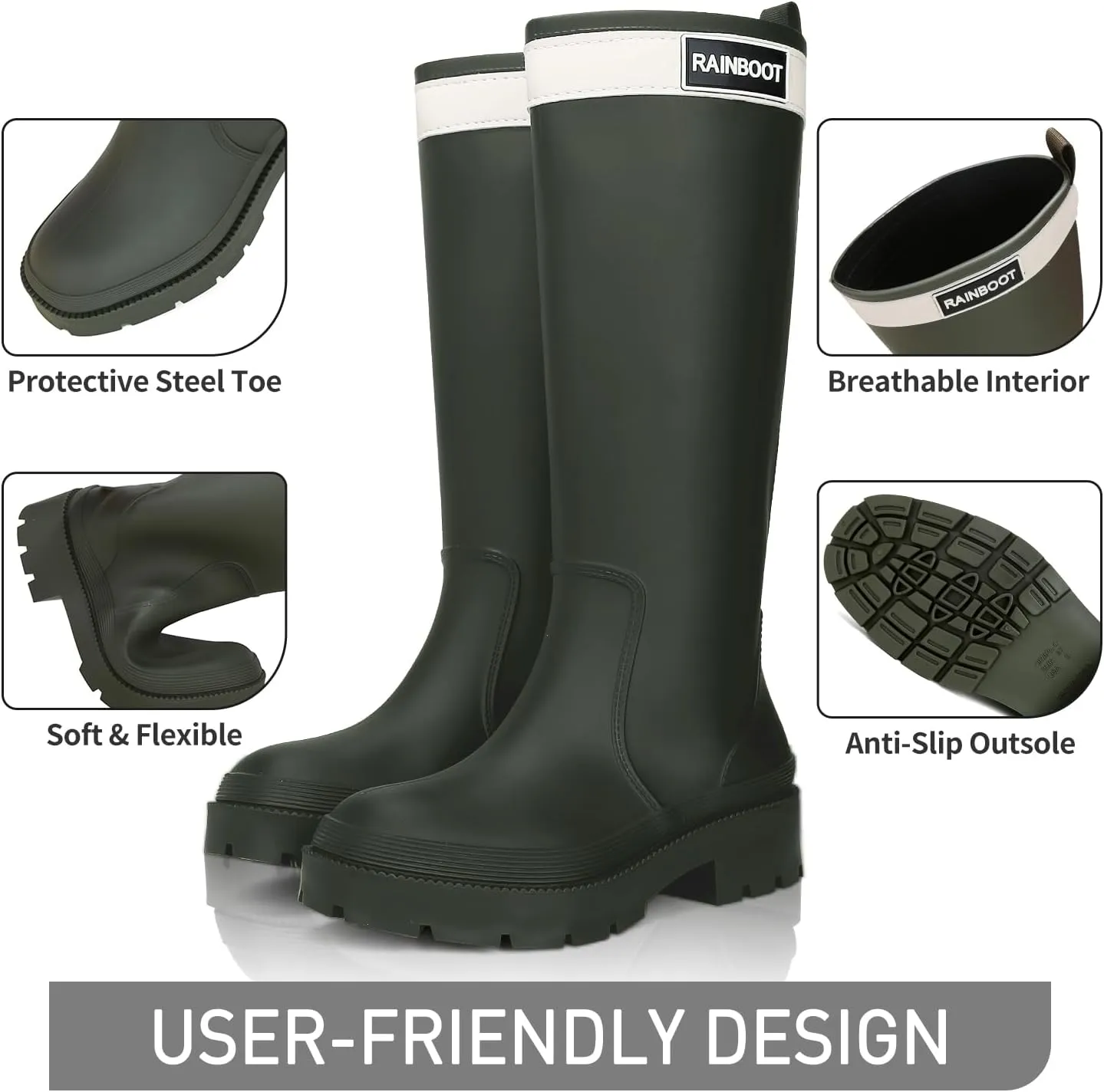 Rain Boots for Women, Waterproof Rubber Garden Boots Durable Slip Resistant Muck Boots,Tall Water Fishing Shoes Comfort Knee High Work for Outdoor