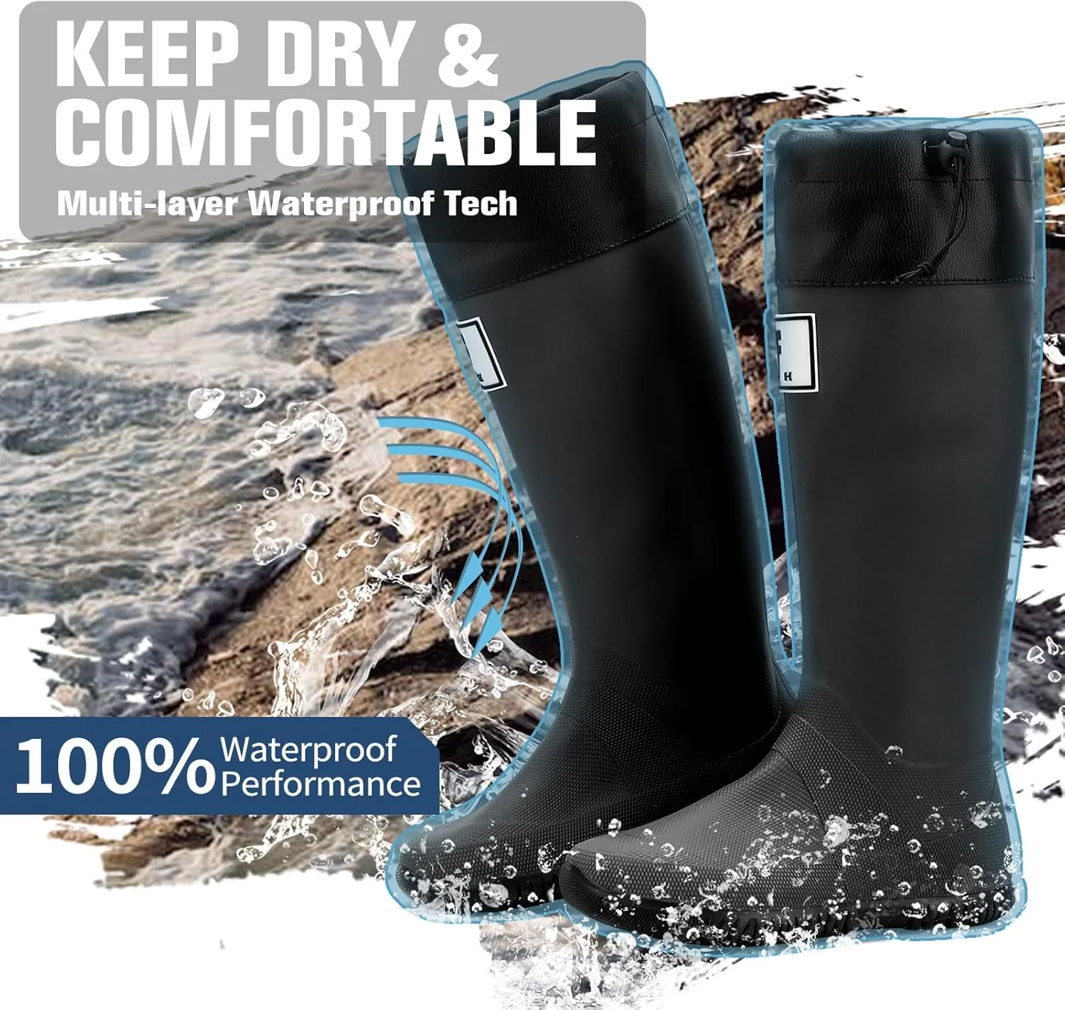 Rain Boots - Men's Waterproof Rubber Rain Boots, Lightweight, Foldable & Durable for Work, Garden & Outdoor Activities