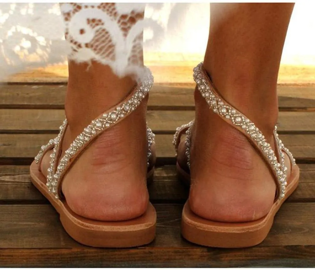 Rhinestone Sandals for Women Dressy Sandals for Wedding Pearl and Rhinestone Shoe Strappy Beach Wedding Shoes Sandals Women Dressy Summer Flat
