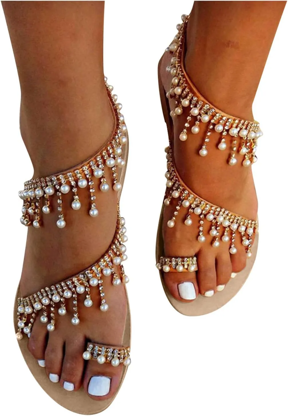 Rhinestone Sandals for Women Dressy Sandals for Wedding Pearl and Rhinestone Shoe Strappy Beach Wedding Shoes Sandals Women Dressy Summer Flat