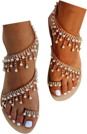 Rhinestone Sandals for Women Dressy Sandals for Wedding Pearl and Rhinestone Shoe Strappy Beach Wedding Shoes Sandals Women Dressy Summer Flat