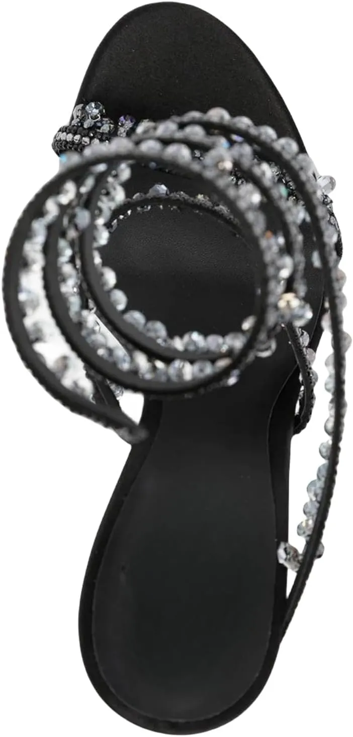 Rhinestone Wrap Around Strappy Stiletto High Heels for Women, Open Round Toe Lace Up Heeled Sandals for Wedding Prom Party Dress