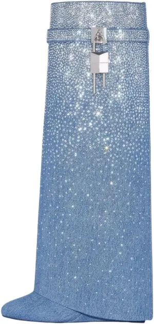 Rhinestones Fold Over Knee High Boots for Women Shark Lock Boots High Shaft Wide Calf Fashion Boots Blue Black Boots Pull on Party Concert Boots