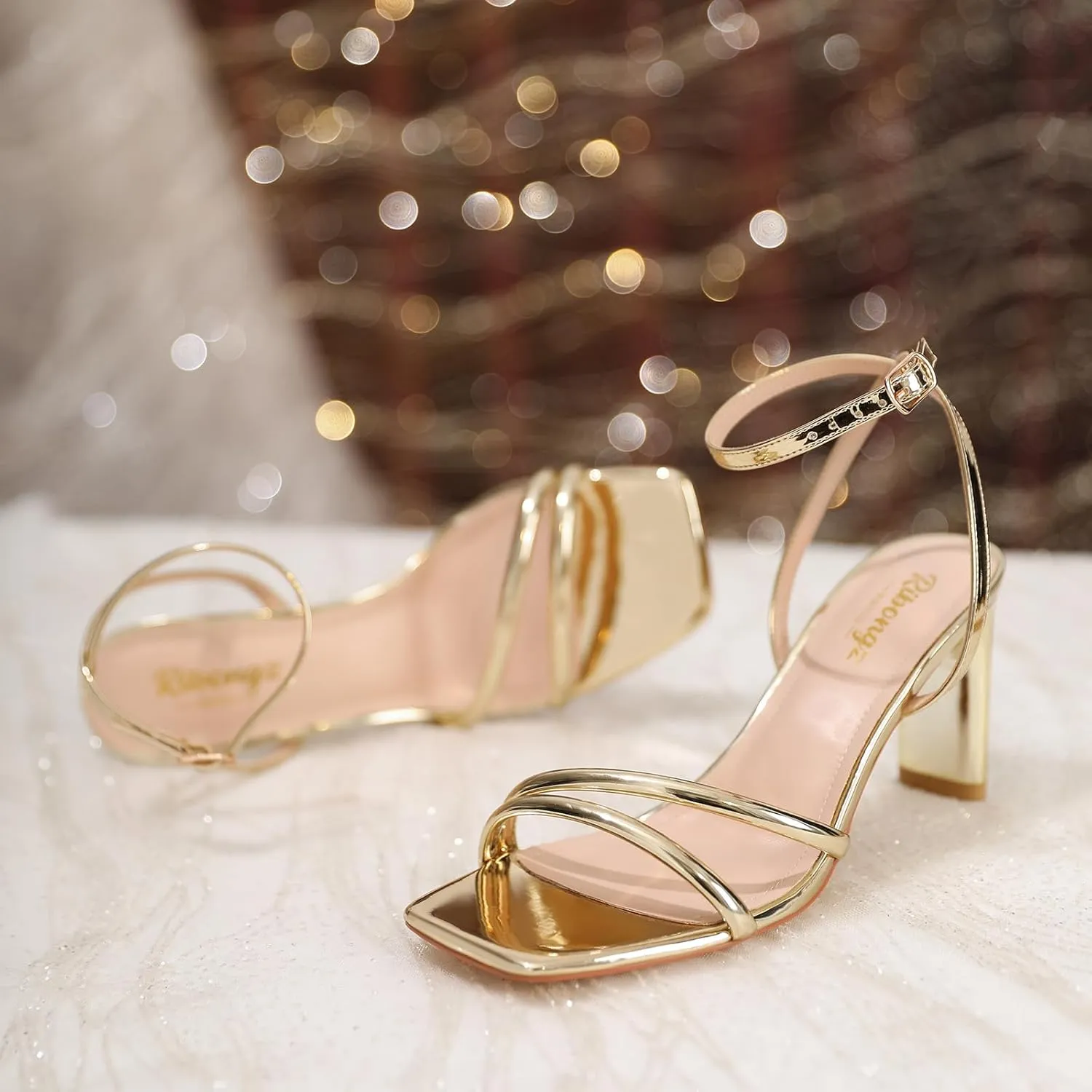 RIBONGZ Womens Strappy Heels Square Open Toe High Heels for Women Ankle Strap Chunky Heeled Sandals Wedding Bridal Shoes Comfort High Heel Sandals Dress Party Shoes