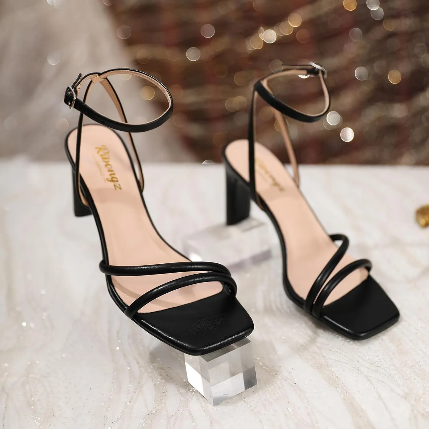 RIBONGZ Womens Strappy Heels Square Open Toe High Heels for Women Ankle Strap Chunky Heeled Sandals Wedding Bridal Shoes Comfort High Heel Sandals Dress Party Shoes