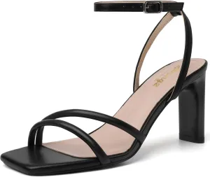 RIBONGZ Womens Strappy Heels Square Open Toe High Heels for Women Ankle Strap Chunky Heeled Sandals Wedding Bridal Shoes Comfort High Heel Sandals Dress Party Shoes