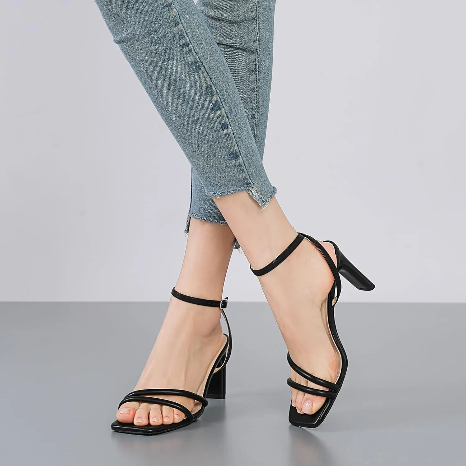RIBONGZ Womens Strappy Heels Square Open Toe High Heels for Women Ankle Strap Chunky Heeled Sandals Wedding Bridal Shoes Comfort High Heel Sandals Dress Party Shoes