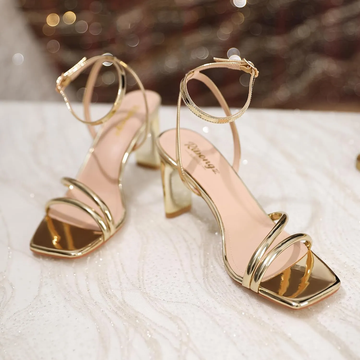 RIBONGZ Womens Strappy Heels Square Open Toe High Heels for Women Ankle Strap Chunky Heeled Sandals Wedding Bridal Shoes Comfort High Heel Sandals Dress Party Shoes