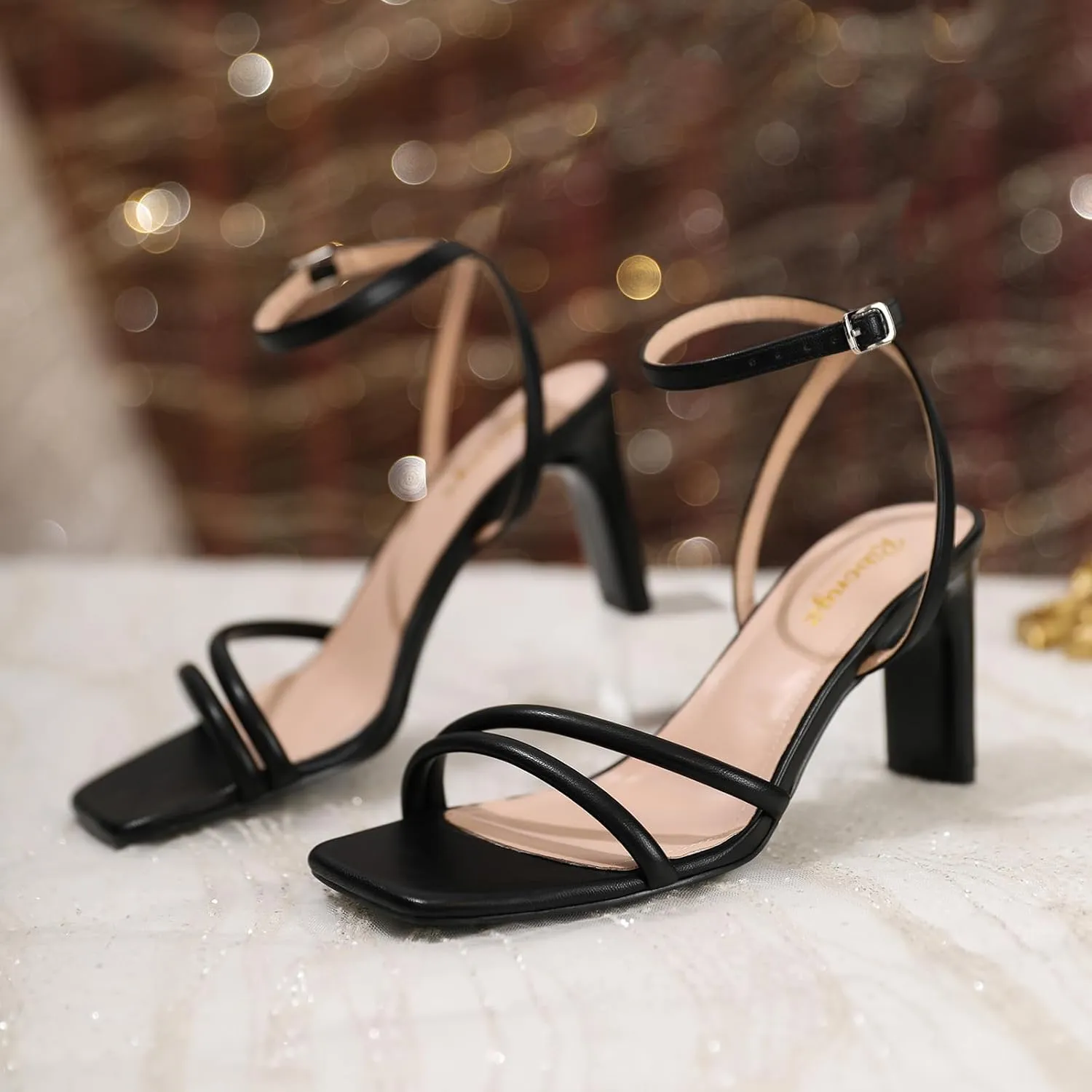 RIBONGZ Womens Strappy Heels Square Open Toe High Heels for Women Ankle Strap Chunky Heeled Sandals Wedding Bridal Shoes Comfort High Heel Sandals Dress Party Shoes