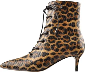 Richealnana Women's Kitten Low Heel Ankle Bootie Pointed Toe Lace Up Comfortable Walking Boots