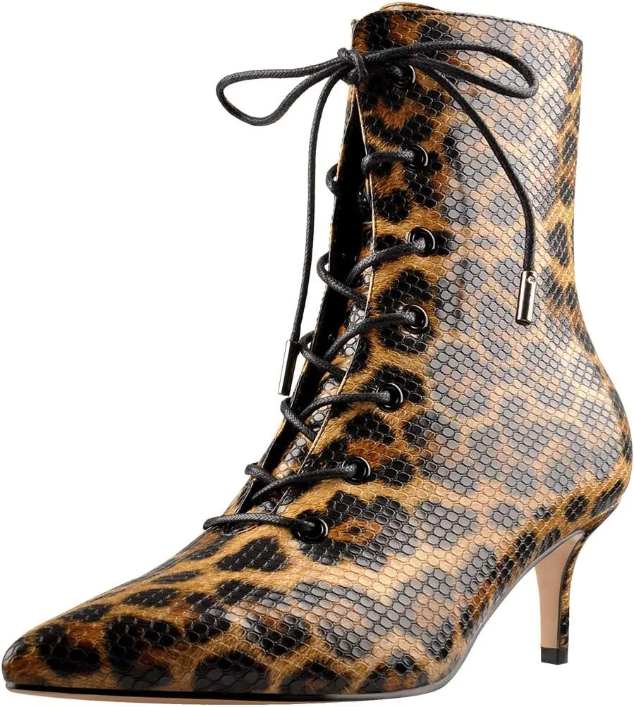 Richealnana Women's Kitten Low Heel Ankle Bootie Pointed Toe Lace Up Comfortable Walking Boots