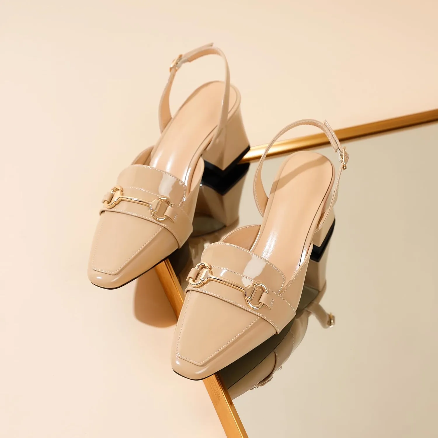 SAMMITOP Women Slingback Low Chunky Heels Loafer Pumps Metal Buckle Block Heeled Sandals Closed Square Toe Dress Shoes Work Office Casual 2.5 Inch