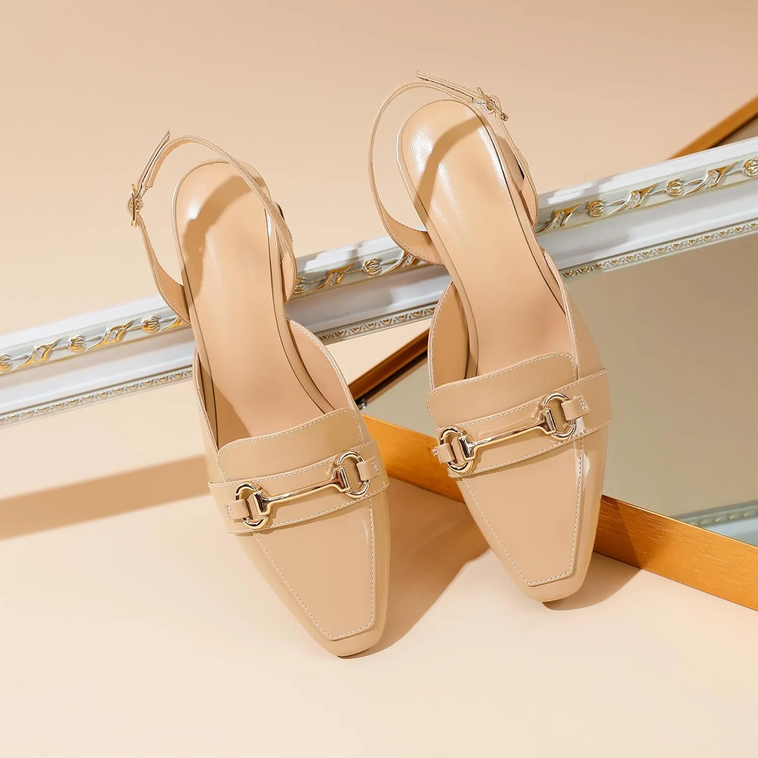 SAMMITOP Women Slingback Low Chunky Heels Loafer Pumps Metal Buckle Block Heeled Sandals Closed Square Toe Dress Shoes Work Office Casual 2.5 Inch