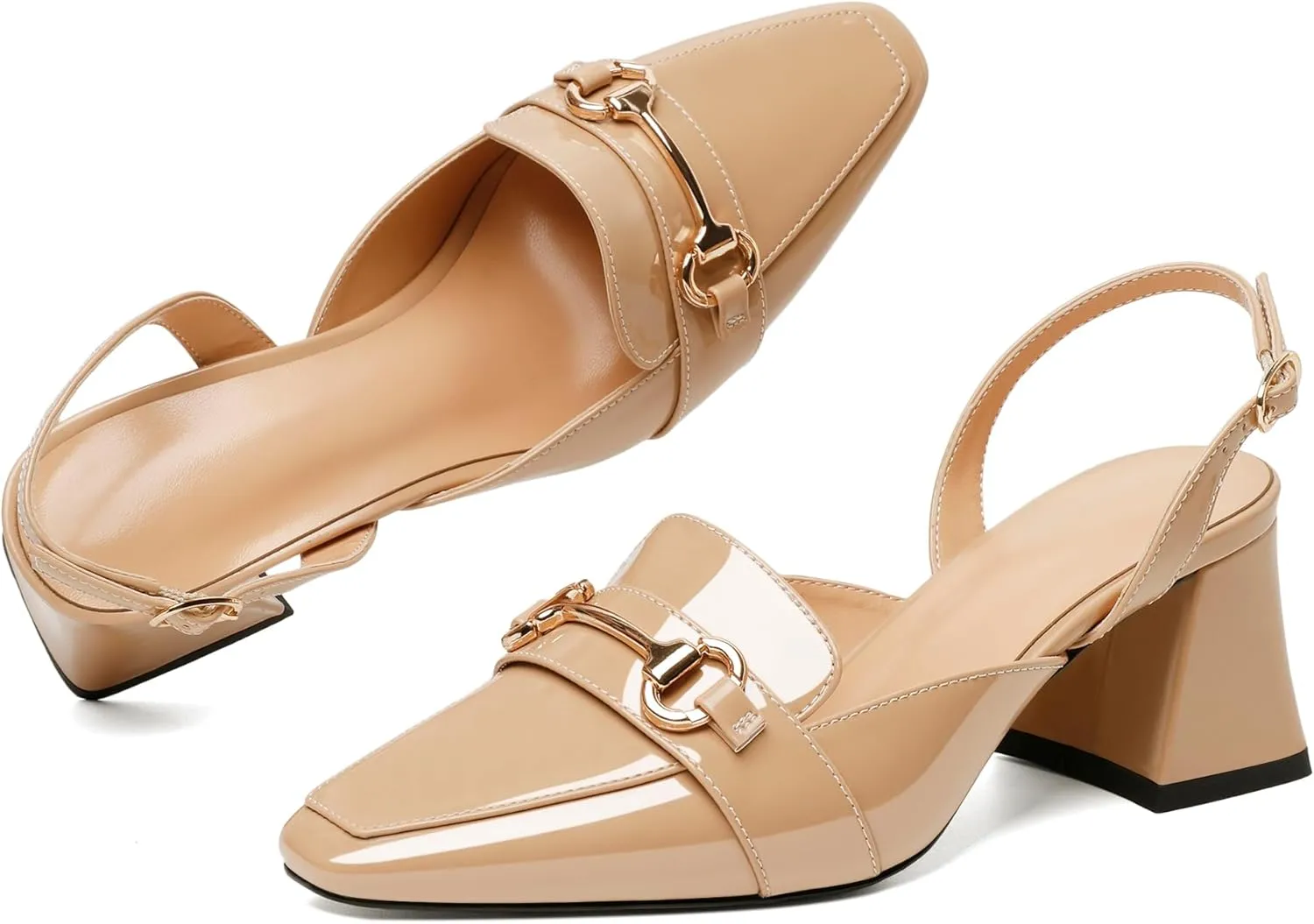 SAMMITOP Women Slingback Low Chunky Heels Loafer Pumps Metal Buckle Block Heeled Sandals Closed Square Toe Dress Shoes Work Office Casual 2.5 Inch