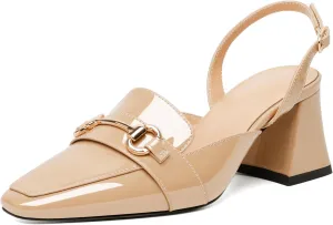 SAMMITOP Women Slingback Low Chunky Heels Loafer Pumps Metal Buckle Block Heeled Sandals Closed Square Toe Dress Shoes Work Office Casual 2.5 Inch