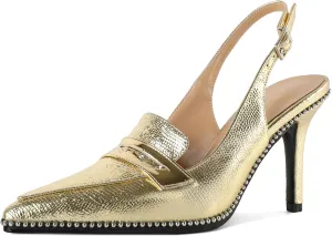 SAMMITOP Womens Slingback High Heel Pumps 3.5" Stiletto Pointed Toe Beaded Pumps Slip On Loafers Heels Elegant Dress Shoes